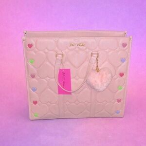 Betsey Johnson pink Quilted Heart Tote with Fluffy Heart Charm